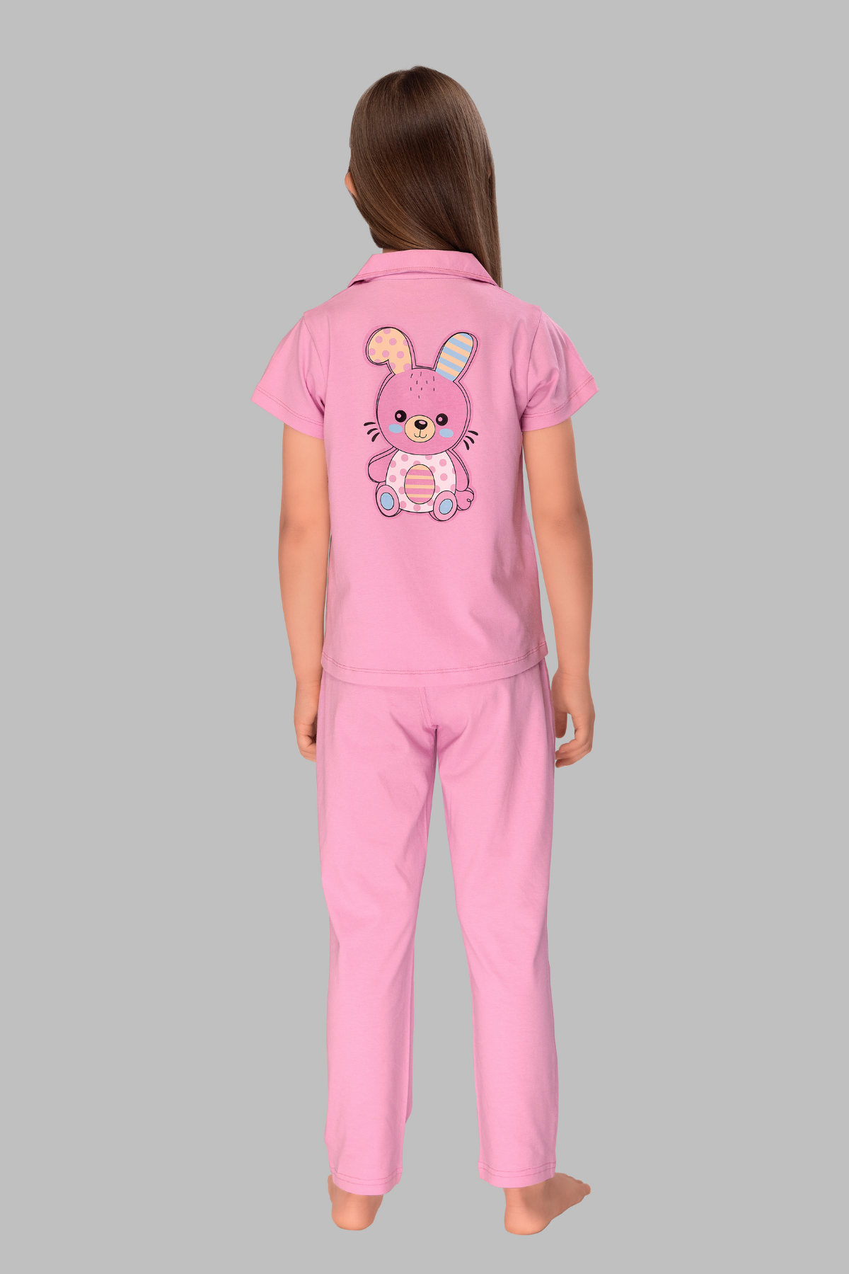 Teddy Print  Baby Pink Collar And Pajama Set For Girls
