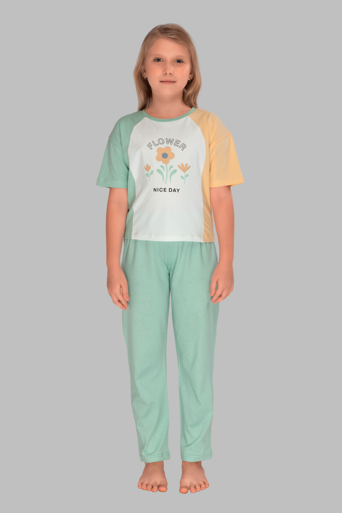 Pastel Petals Color Blocked Top Pajama Sets For Girls