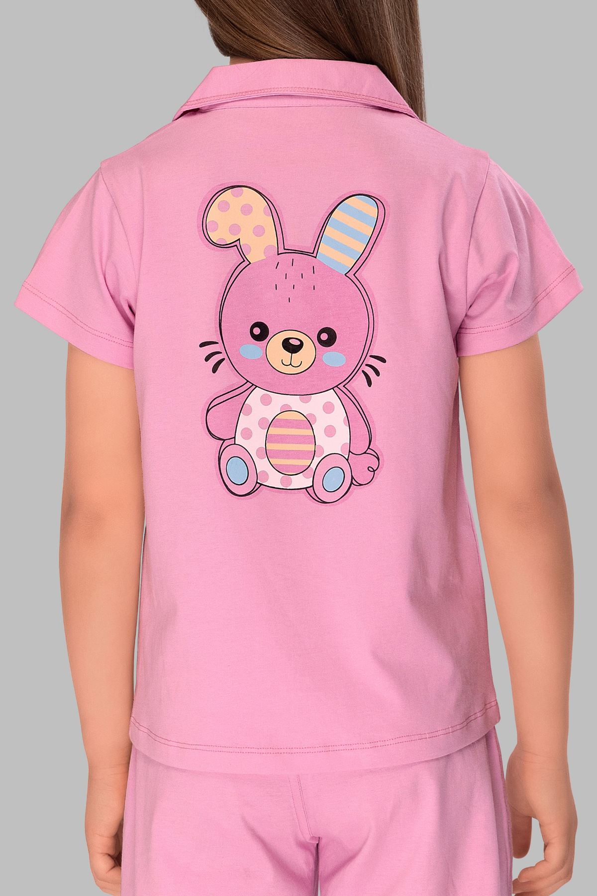 Teddy Print  Baby Pink Collar And Pajama Set For Girls