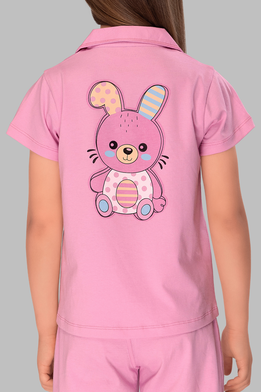 Teddy Print  Baby Pink Collar And Pajama Set For Girls CL 25102