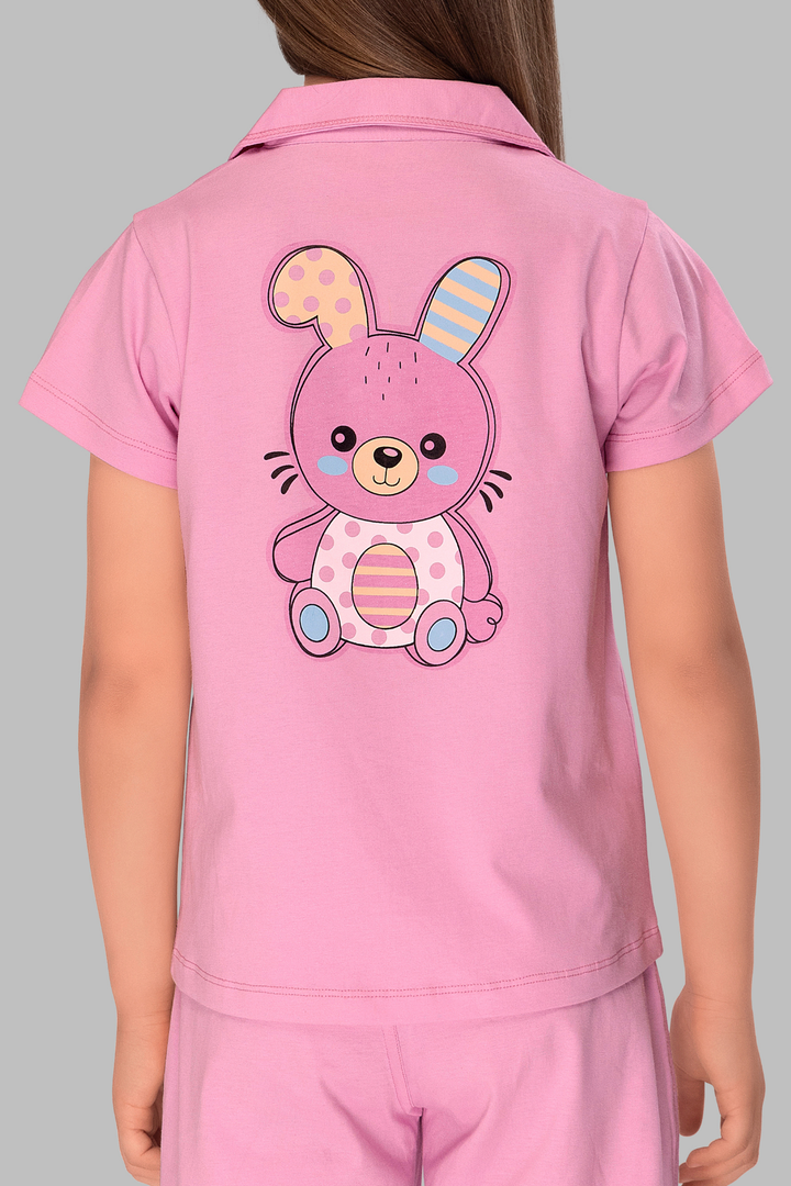Teddy Print  Baby Pink Collar And Pajama Set For Girls CL 25102
