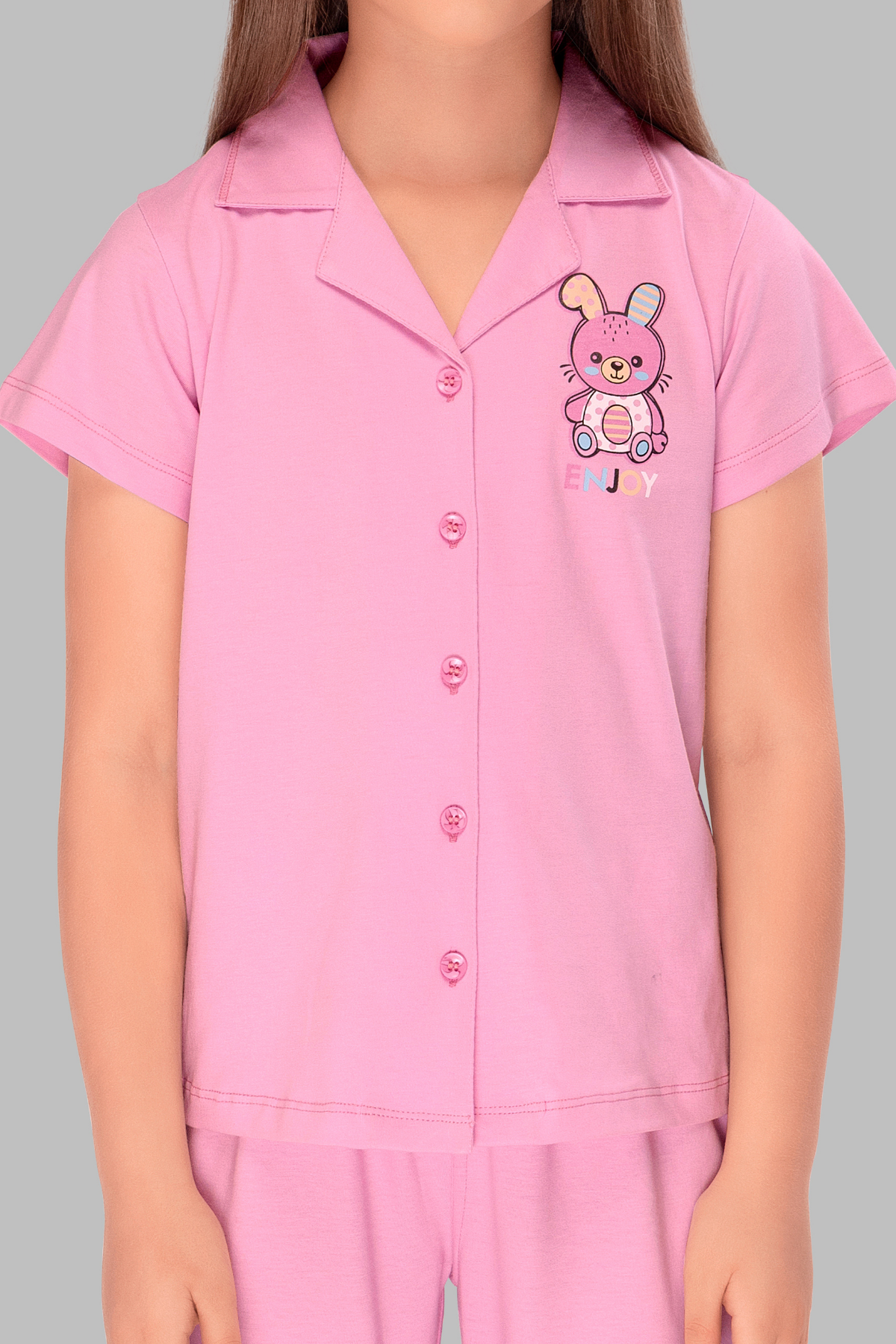 Teddy Print  Baby Pink Collar And Pajama Set For Girls