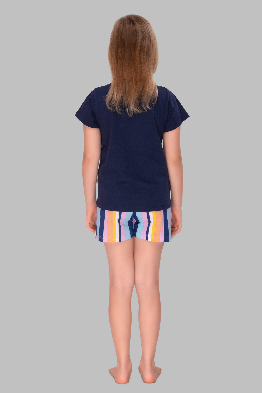 Navy Blue Striped Shorts Set For Girls SH 25037