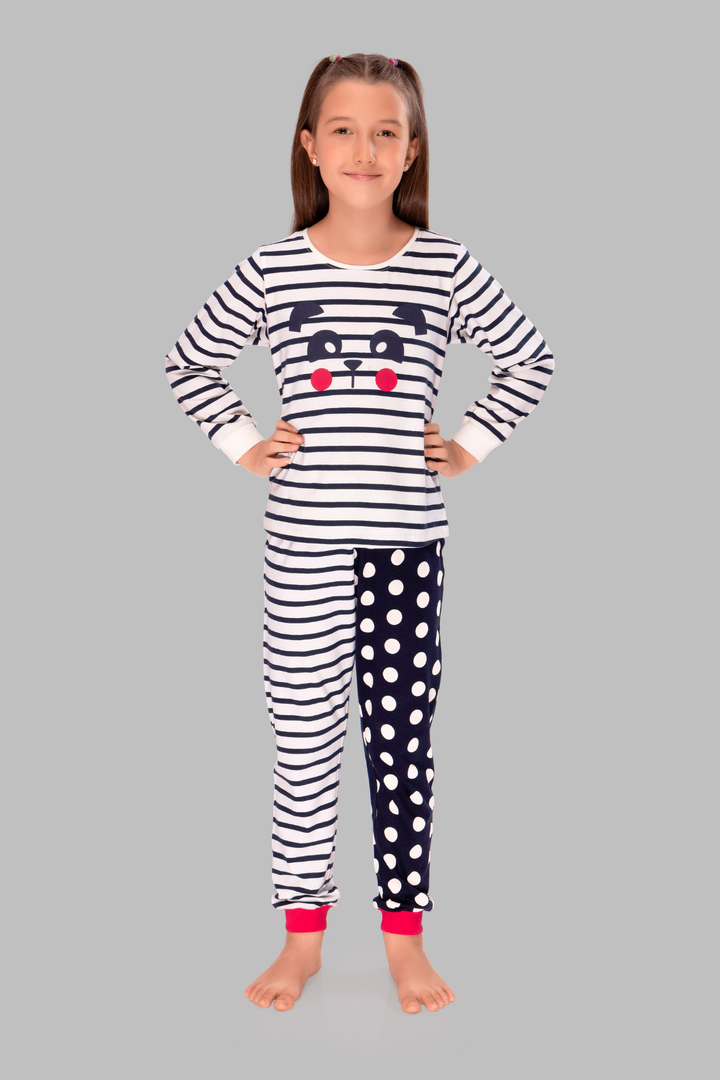 Polka Dot Stripes Cozy Nightsuits Top Pajama Set For Girls