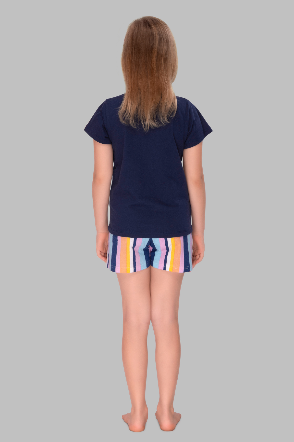 Navy Blue Striped Shorts Set For Girls