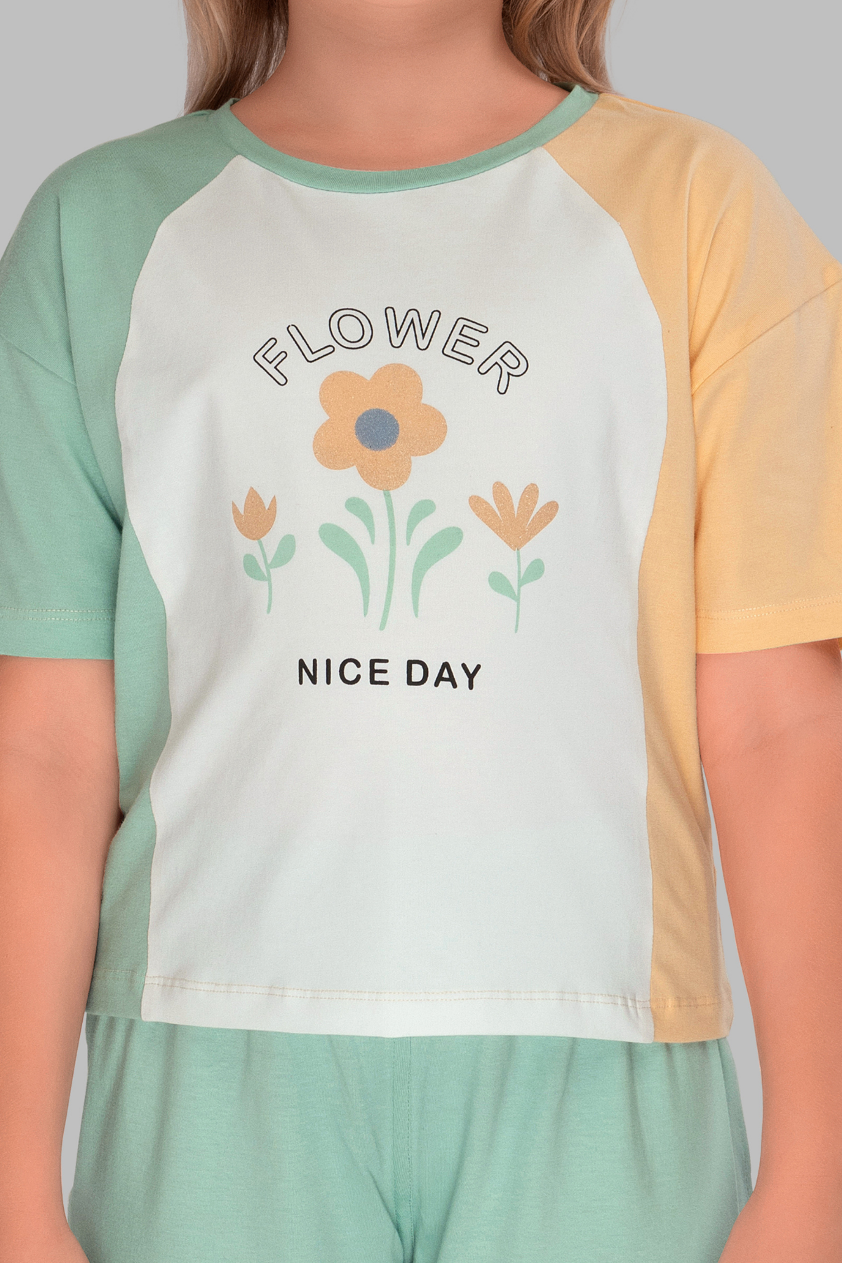 Pastel Petals Color Blocked Top Pajama Sets For Girls PJ 25014