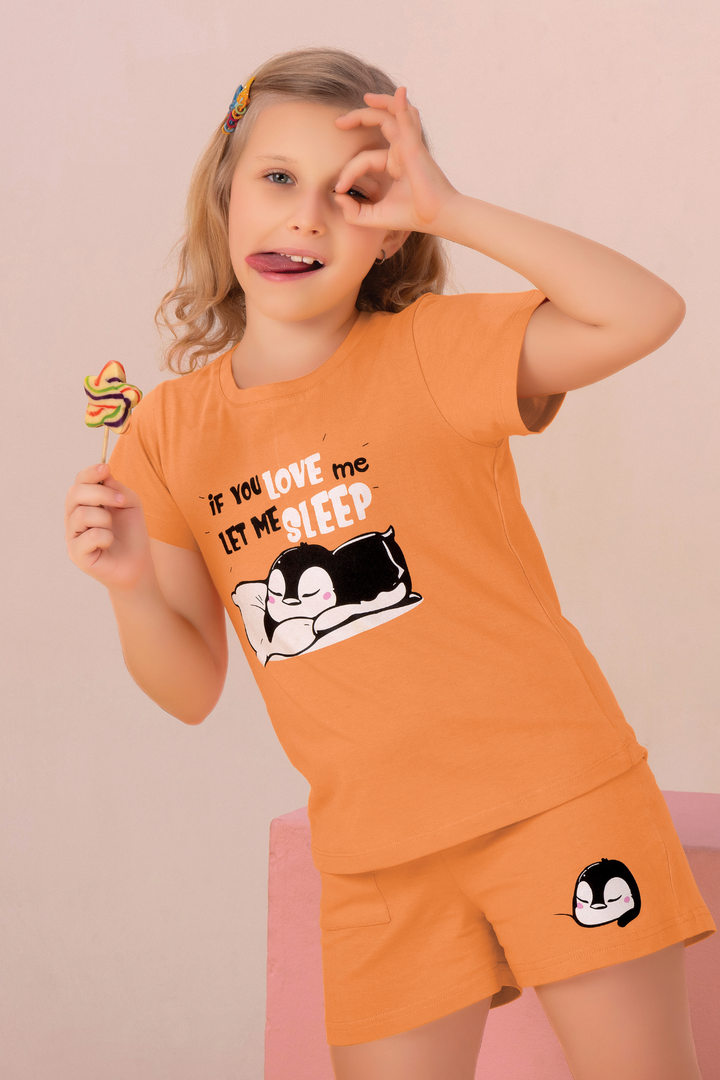 Orange Printed  Shorts Set For Girls