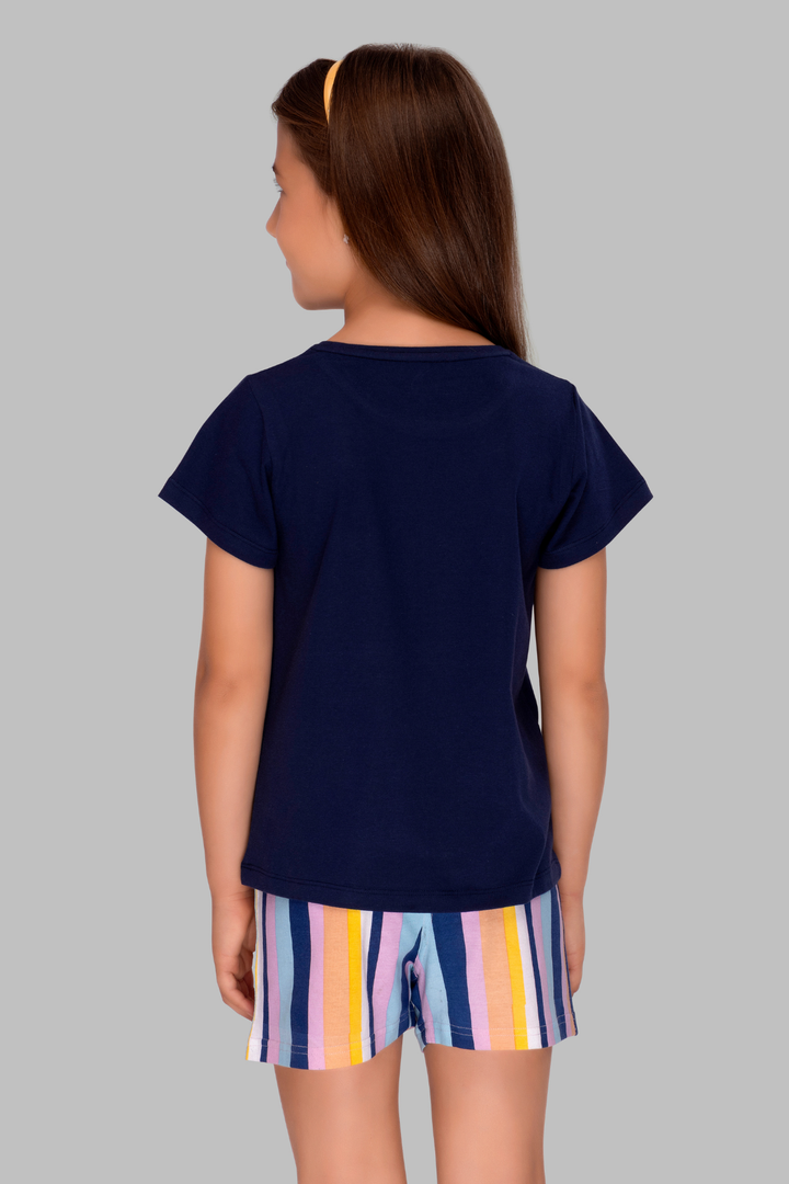 Navy Blue Striped Shorts Set For Girls SH 25037