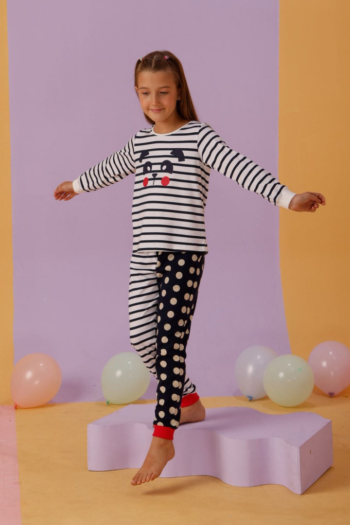Polka Dot Stripes Cozy Nightsuits Top Pajama Set For Girls