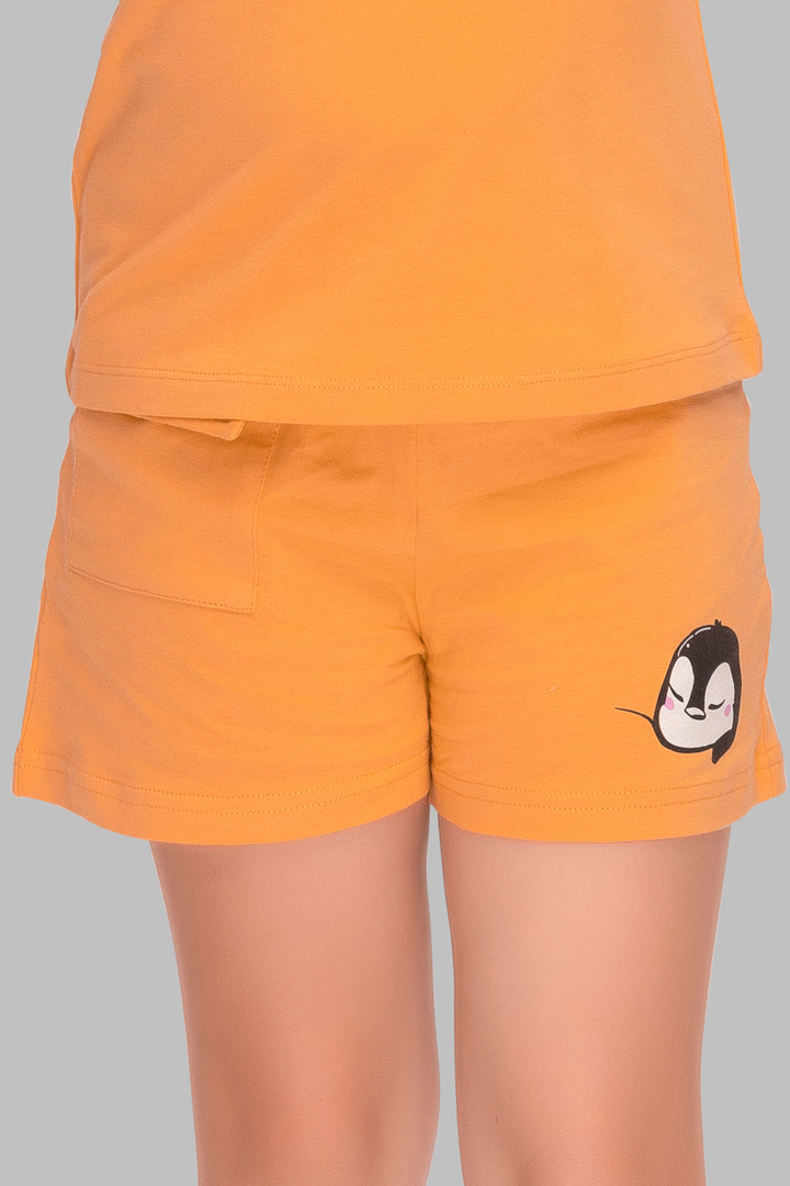 Orange Printed  Shorts Set For Girls