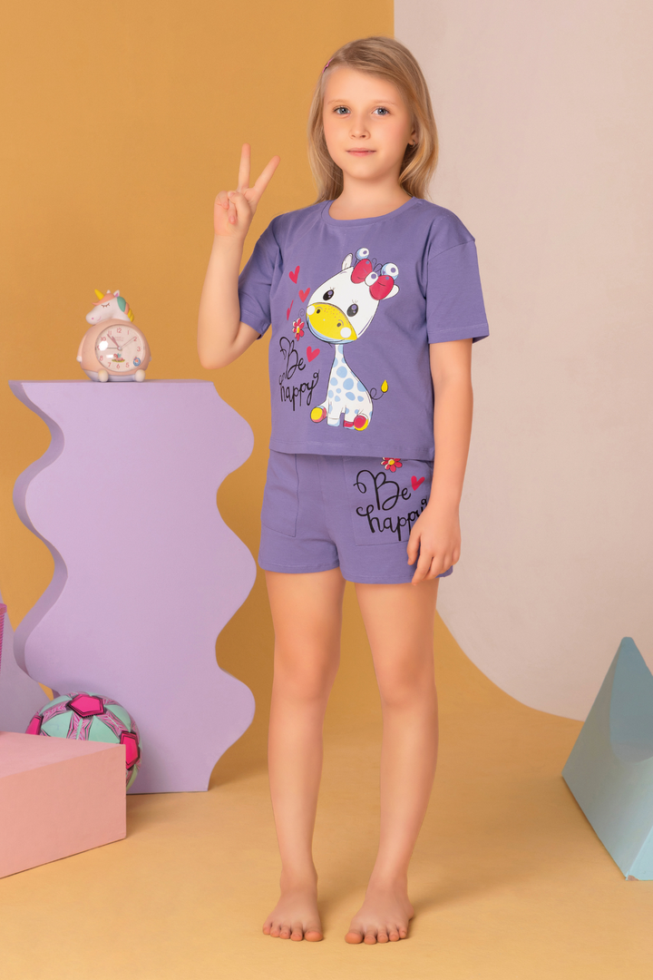 Purple Giraffe Happy Shorts Set For Girls