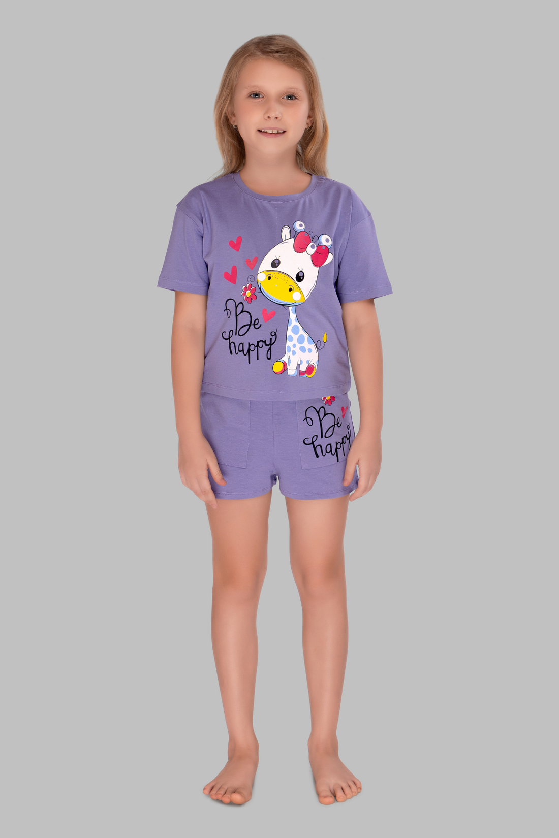Purple Giraffe Happy Shorts Set For Girls