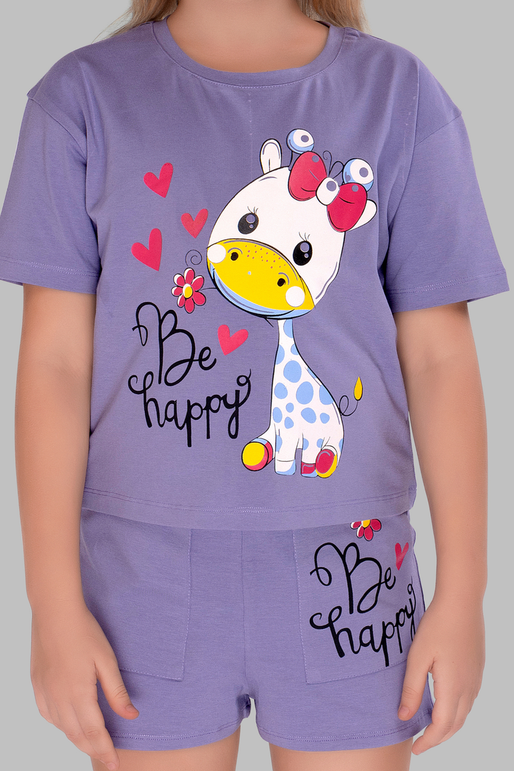 Purple Giraffe Happy Shorts Set For Girls