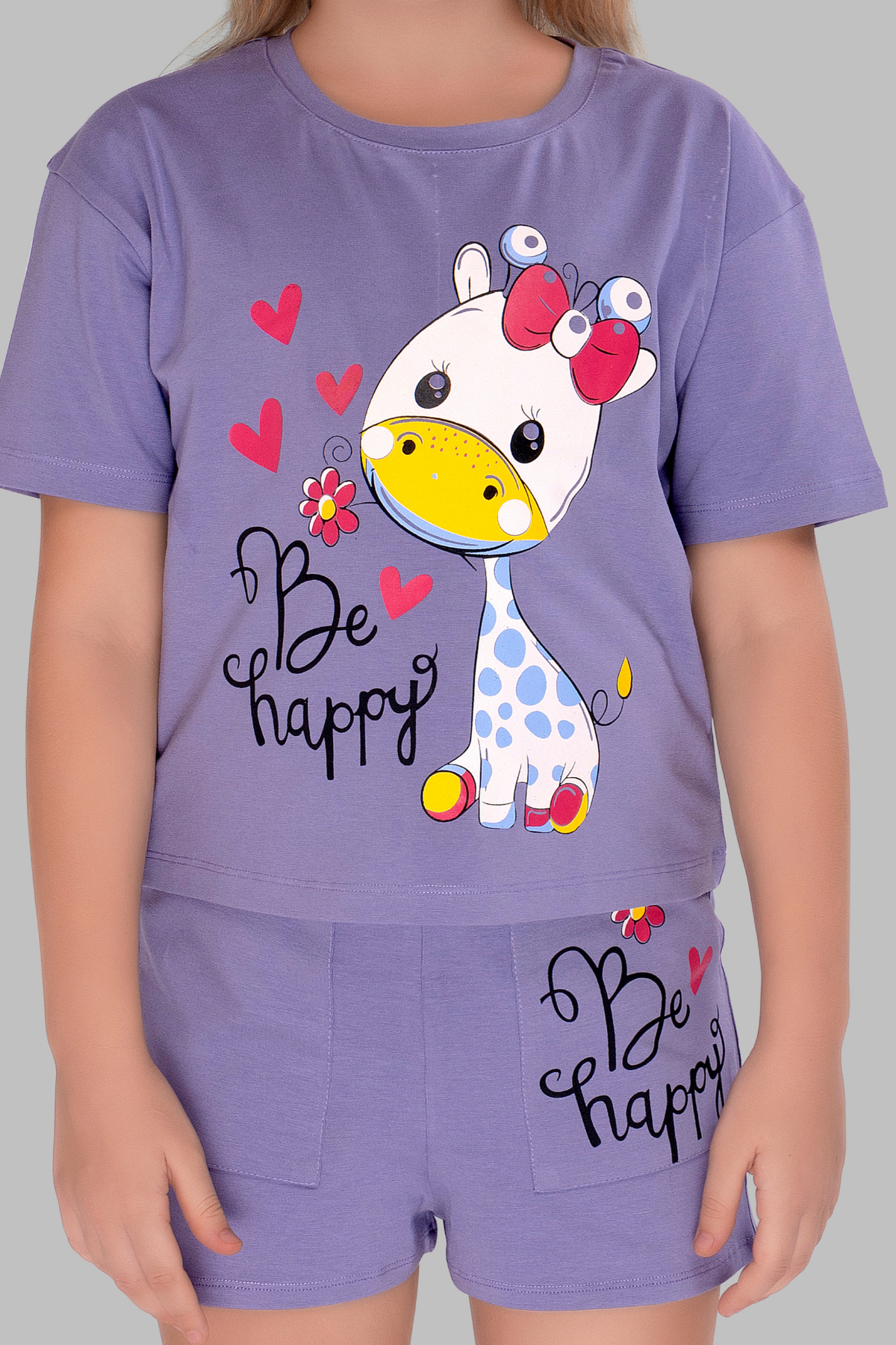 Purple Giraffe Happy Shorts Set For Girls SH 25047