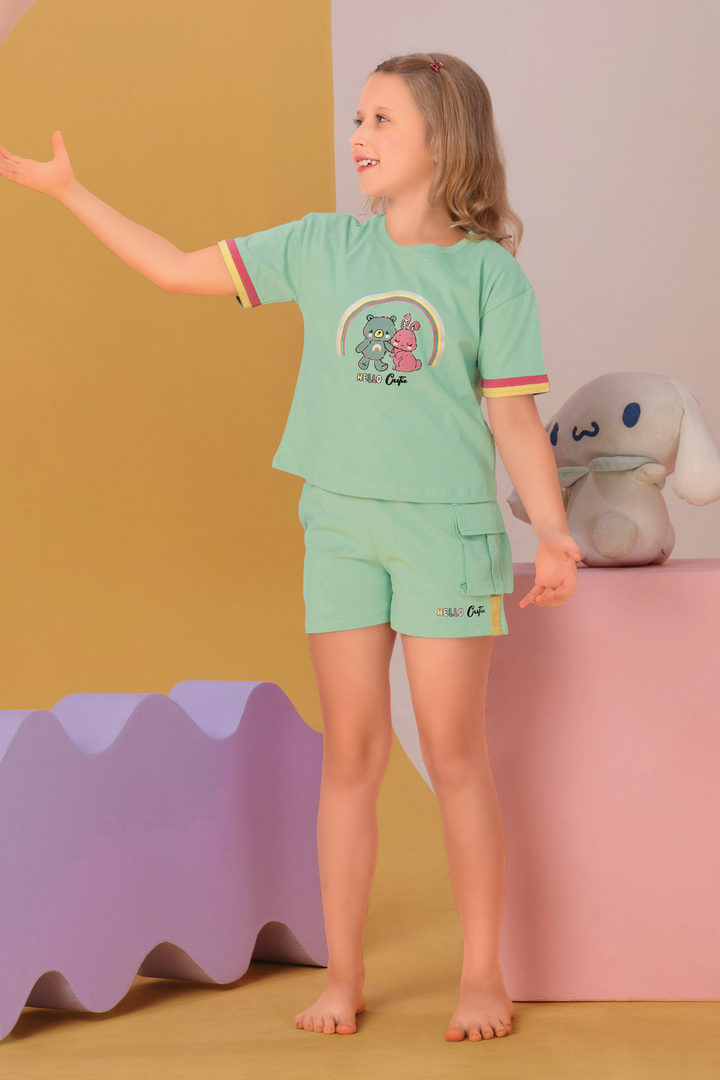 Teal Bunny and Teddy Shorts Set For Girls
