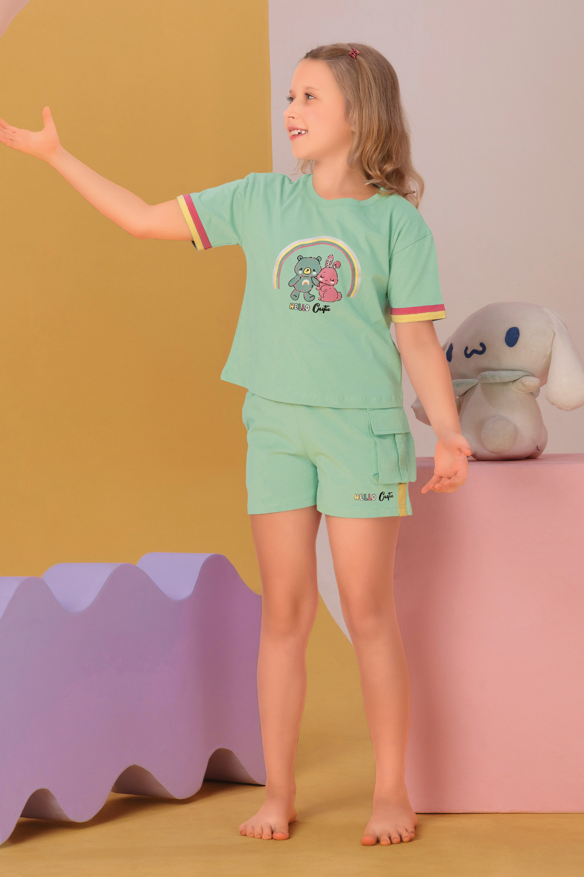 Teal Bunny and Teddy Shorts Set For Girls SH 25049