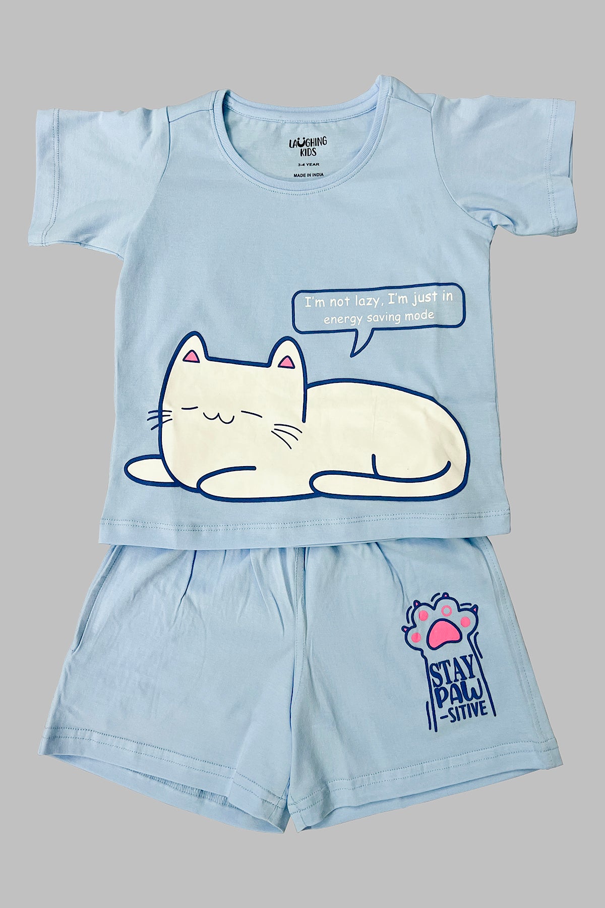 Lazy Kitty Shorts Set For Girls