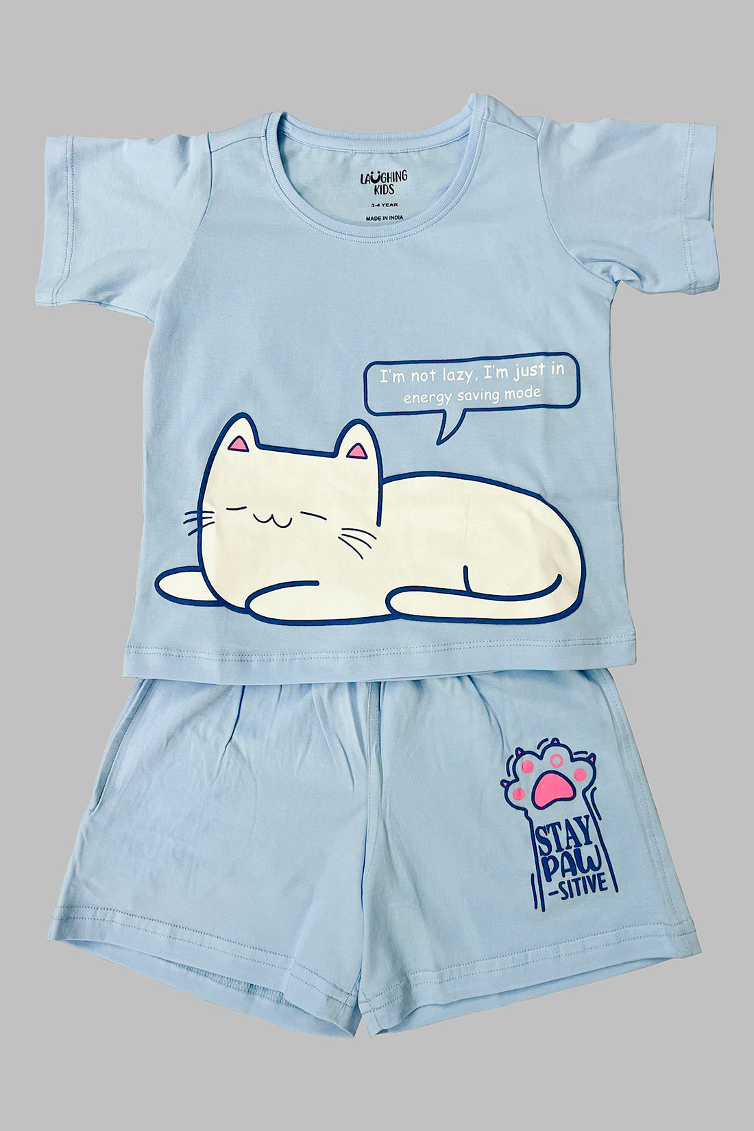Lazy Kitty Shorts Set For Girls