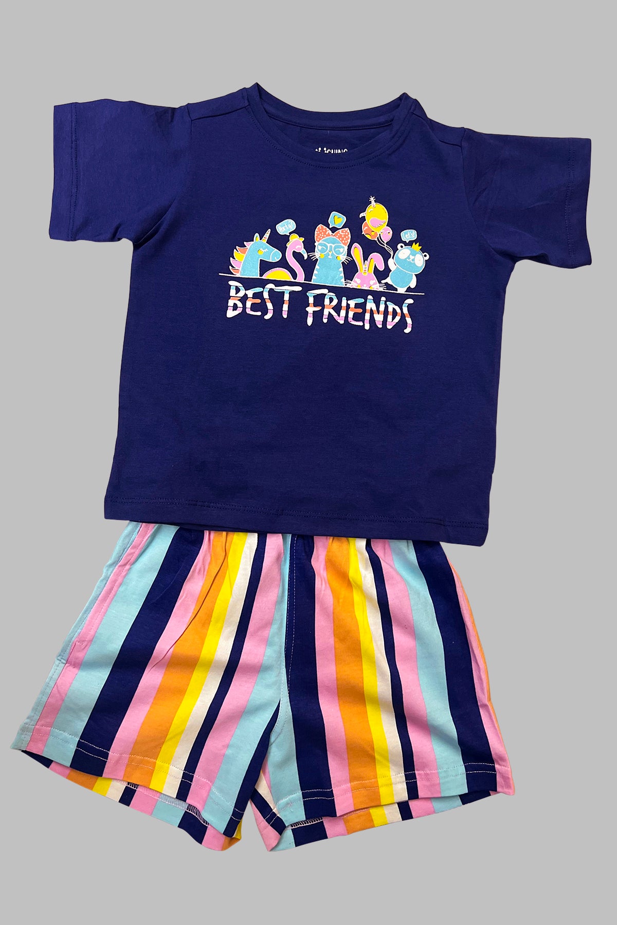 Navy Blue Striped Shorts Set For Girls