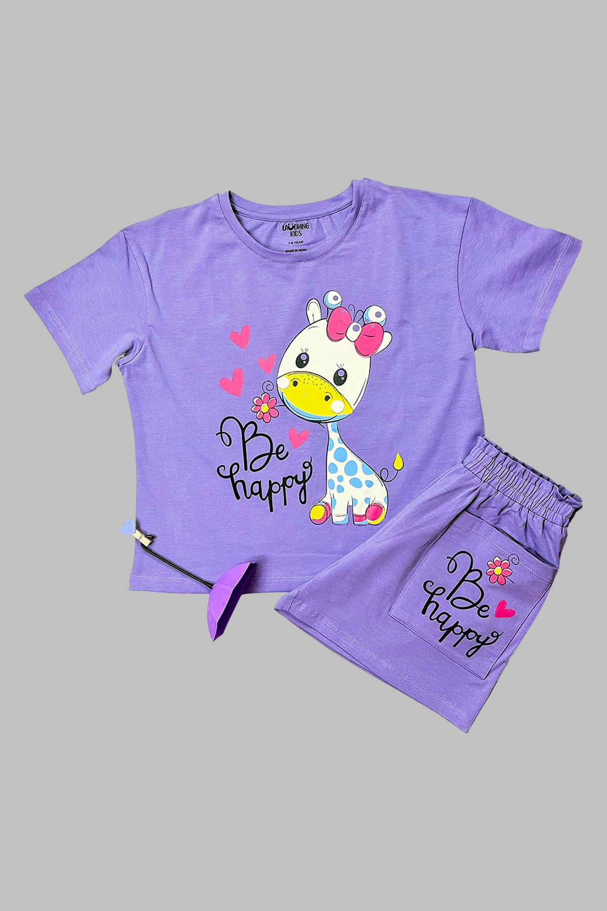 Purple Giraffe Happy Shorts Set For Girls SH 25047