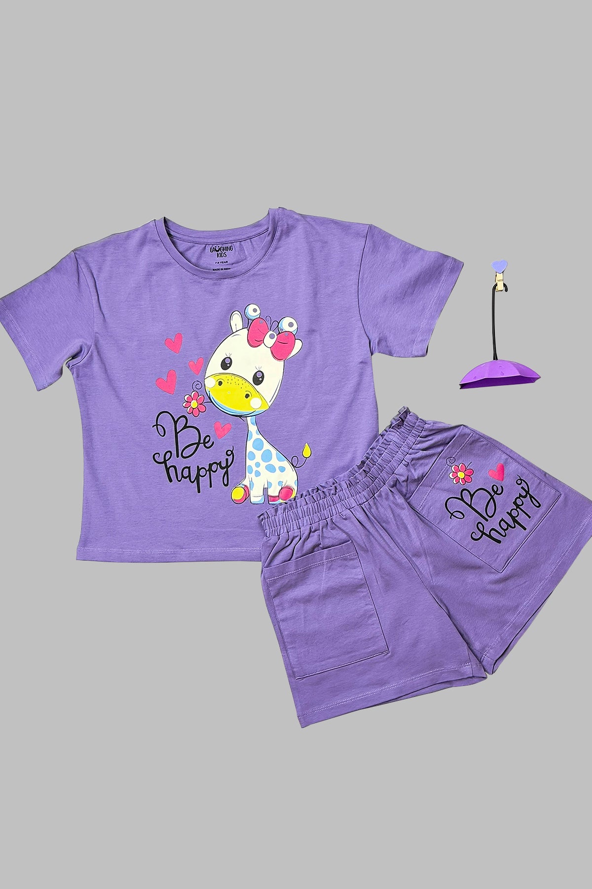 Purple Giraffe Happy Shorts Set For Girls