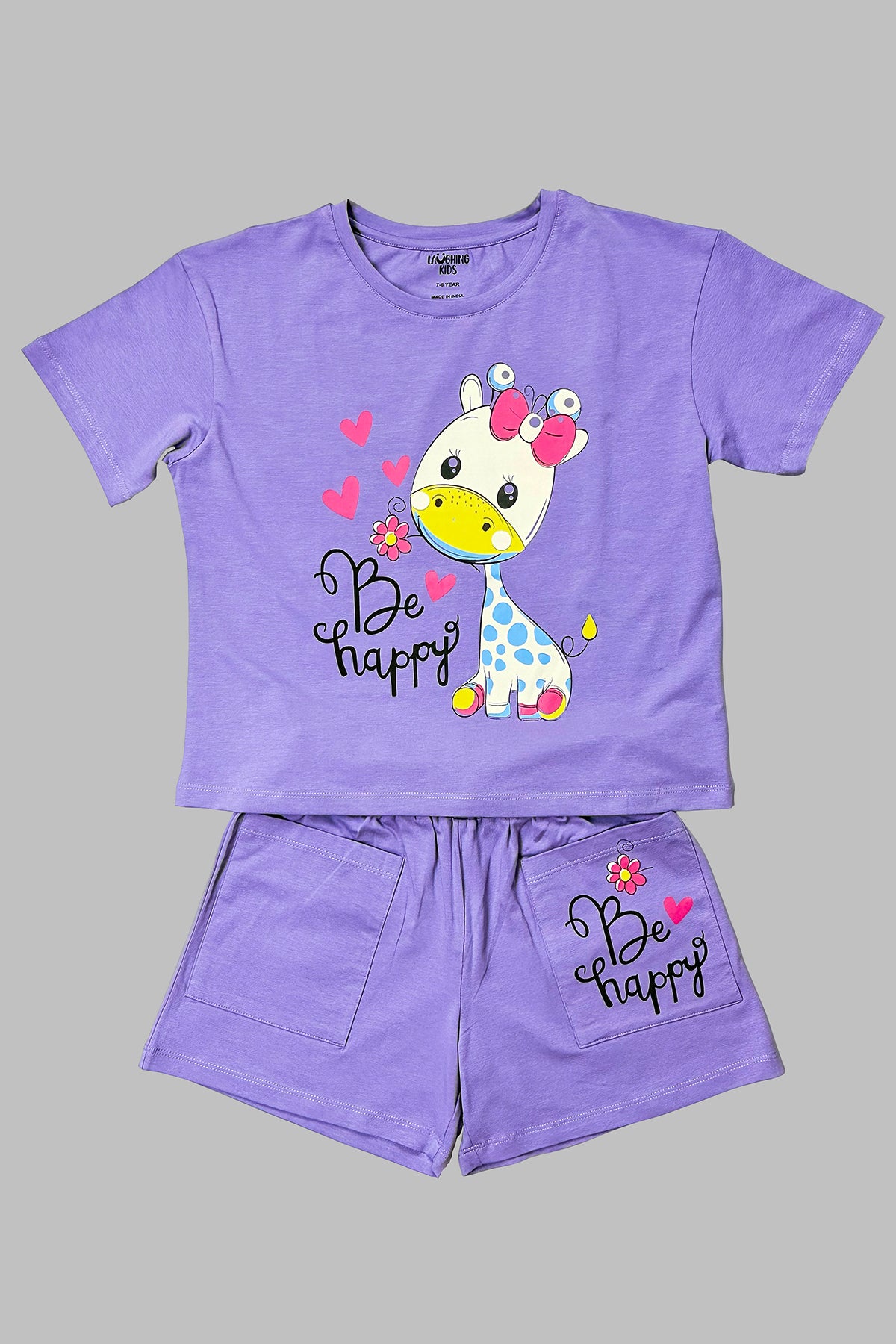 Purple Giraffe Happy Shorts Set For Girls