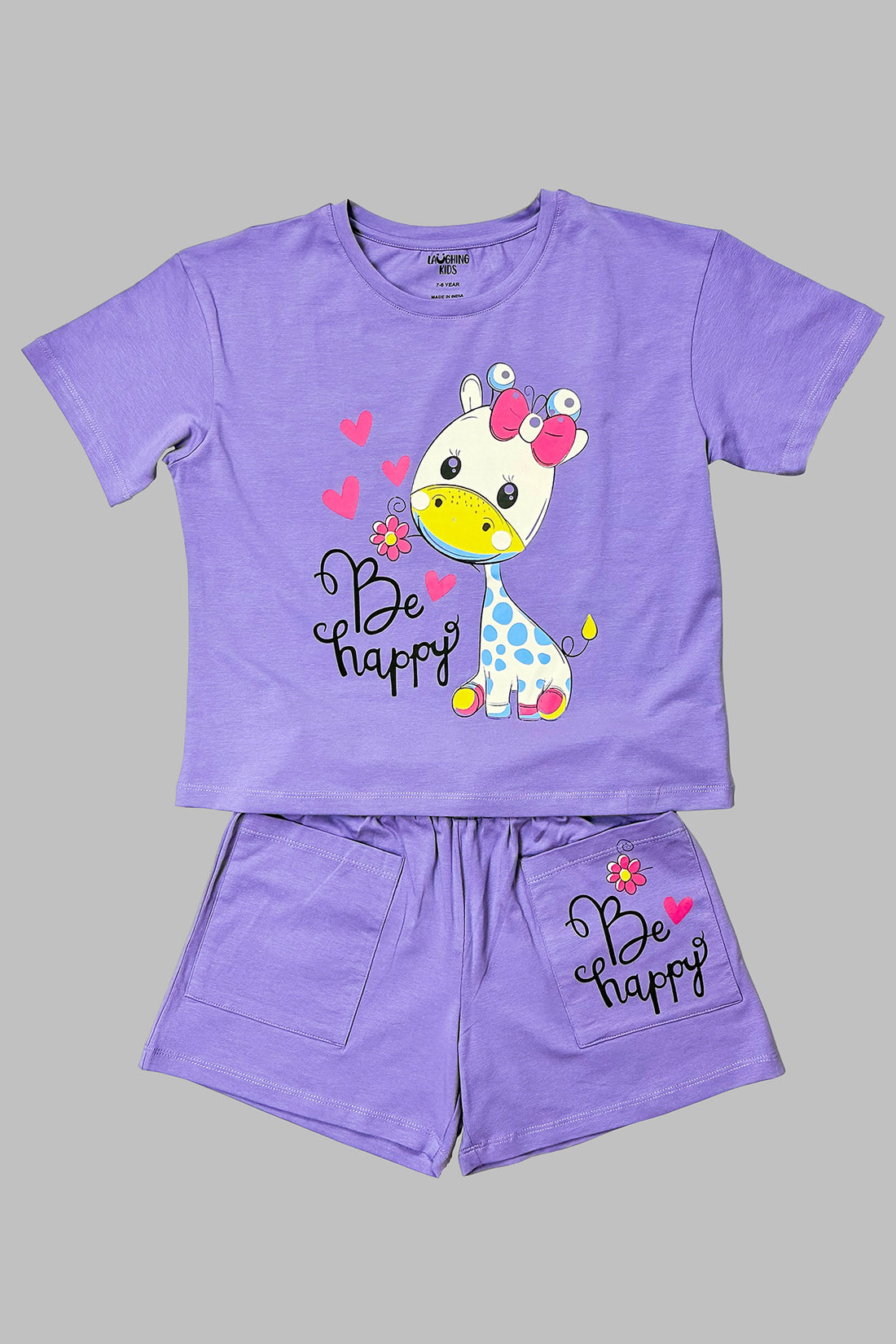 Purple Giraffe Happy Shorts Set For Girls