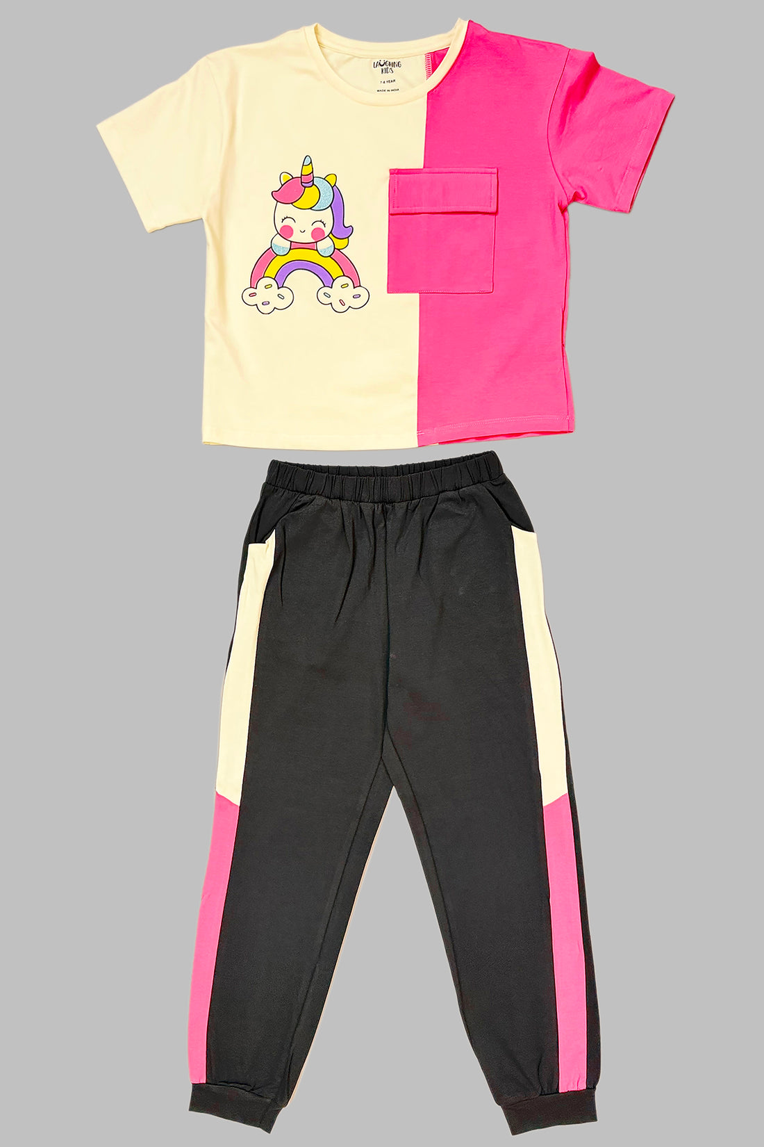 Unicorn Print Colour Block Top And Joggers Sets