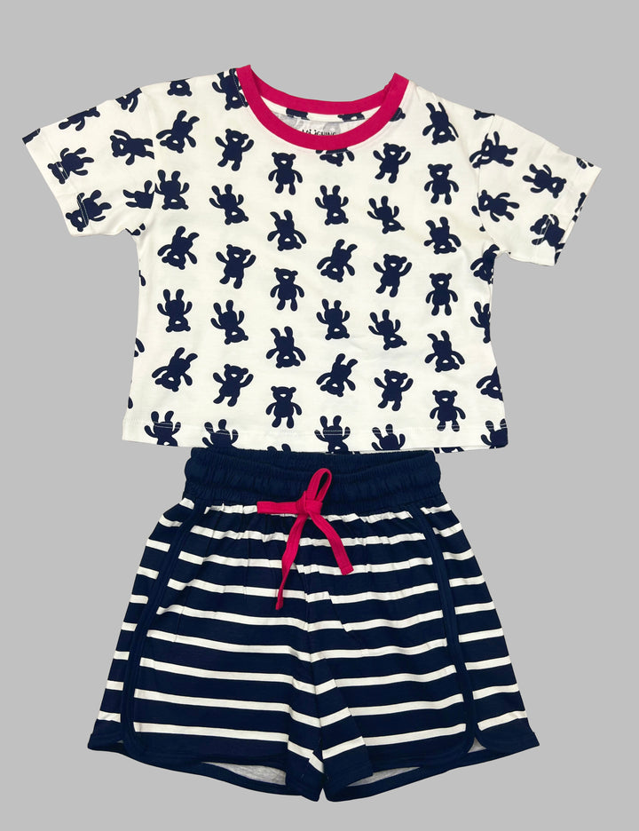 Navy Blue Striped Shorts Set For Girls