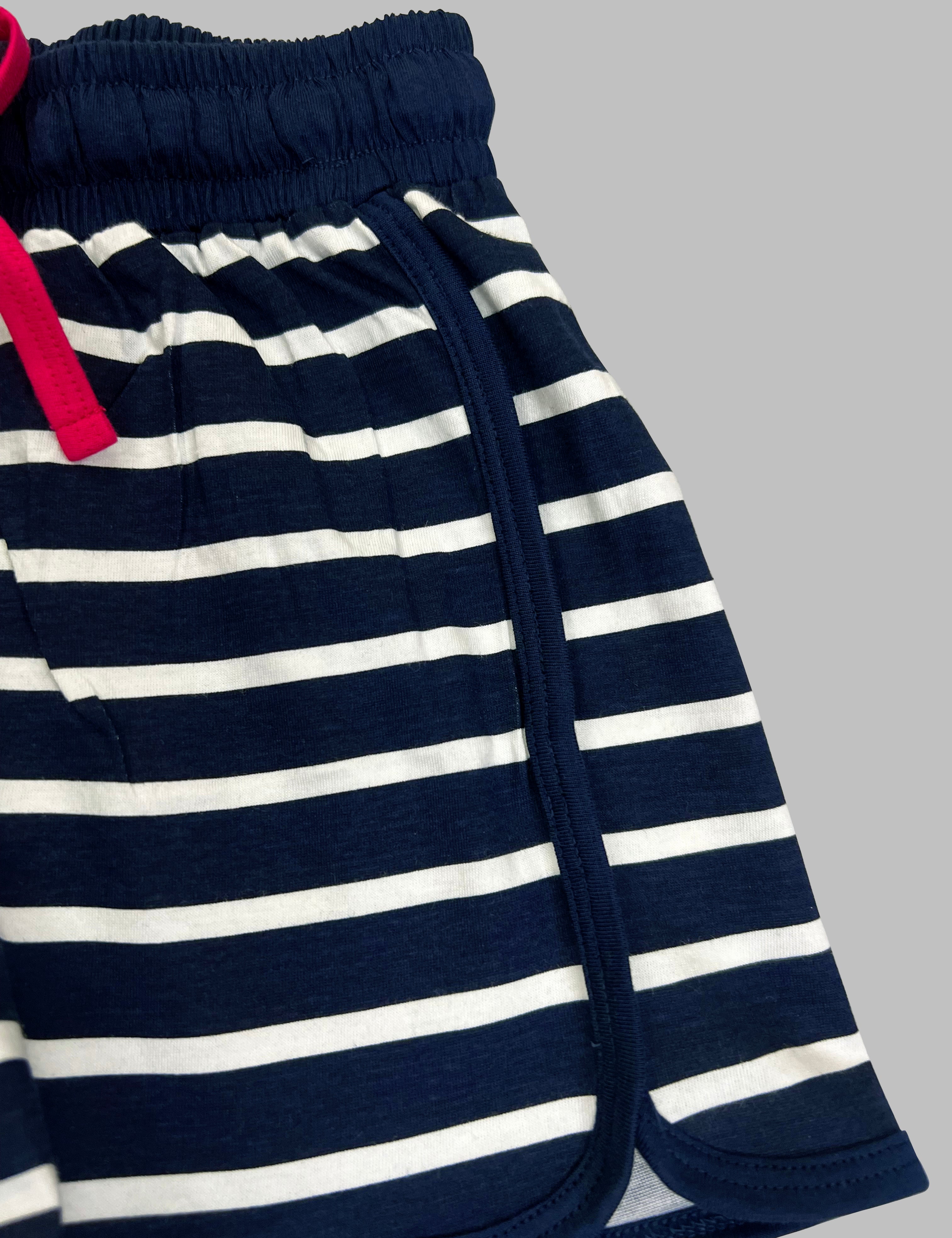 Navy Blue Striped Shorts Set For Girls