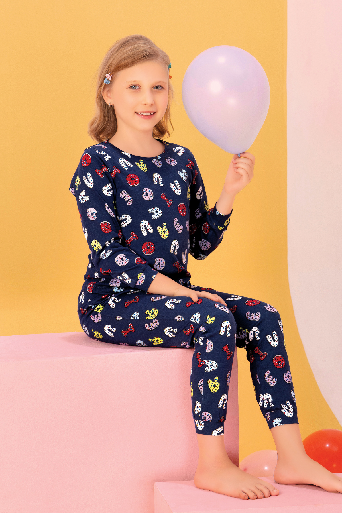 Navy Blue Alphabets Fun Cozy Set Top Pajama Set For Girls