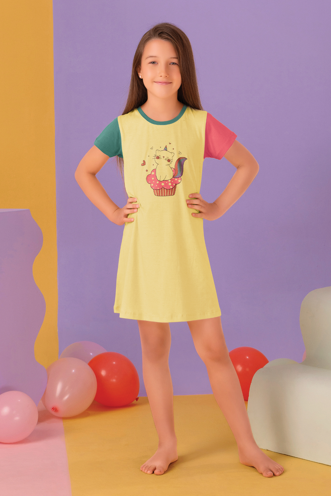 Pretty Kitty Yellow Lounge Frock For Girls