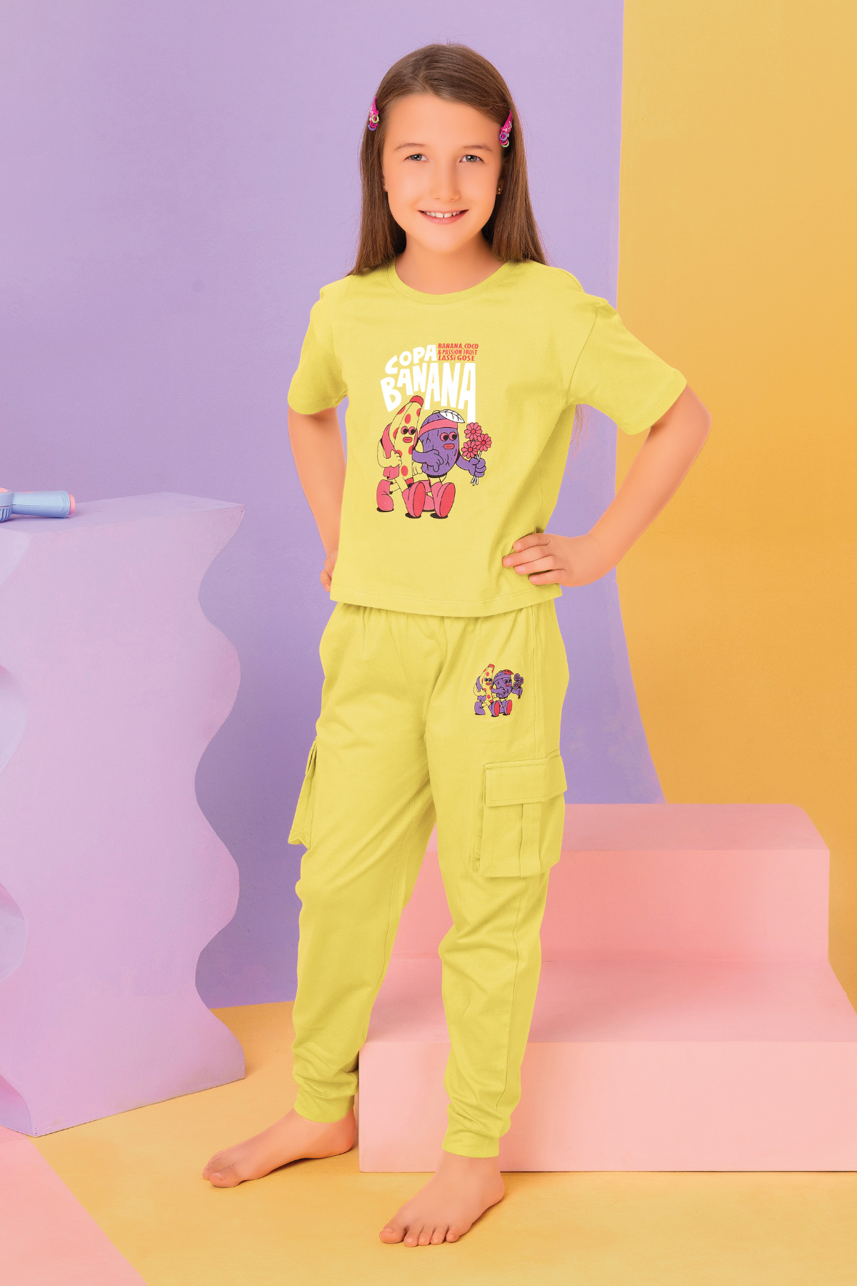 Yellow Banana Print Jogger Set for Kids - Cute Night Suit for Girls