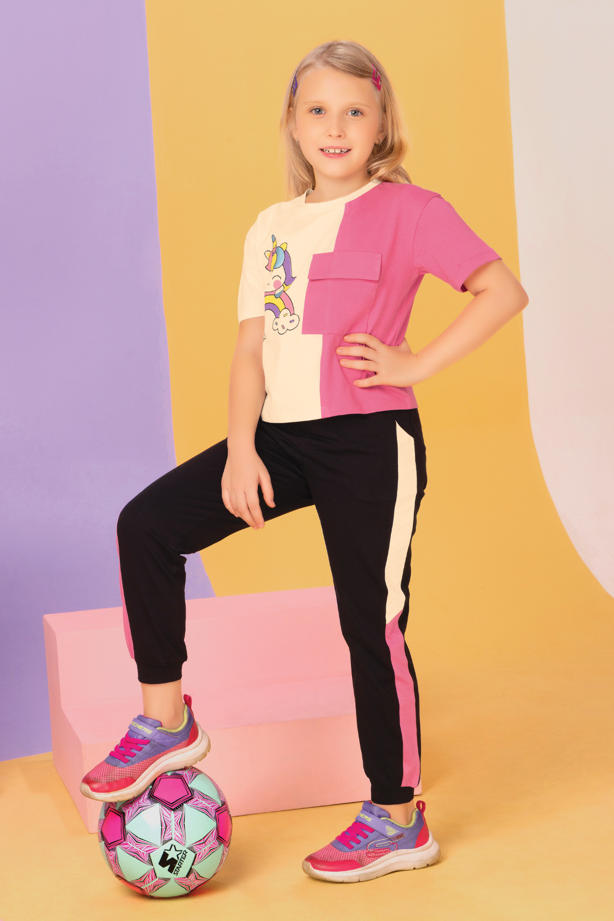 Unicorn Print Colour Block Top And Joggers Sets