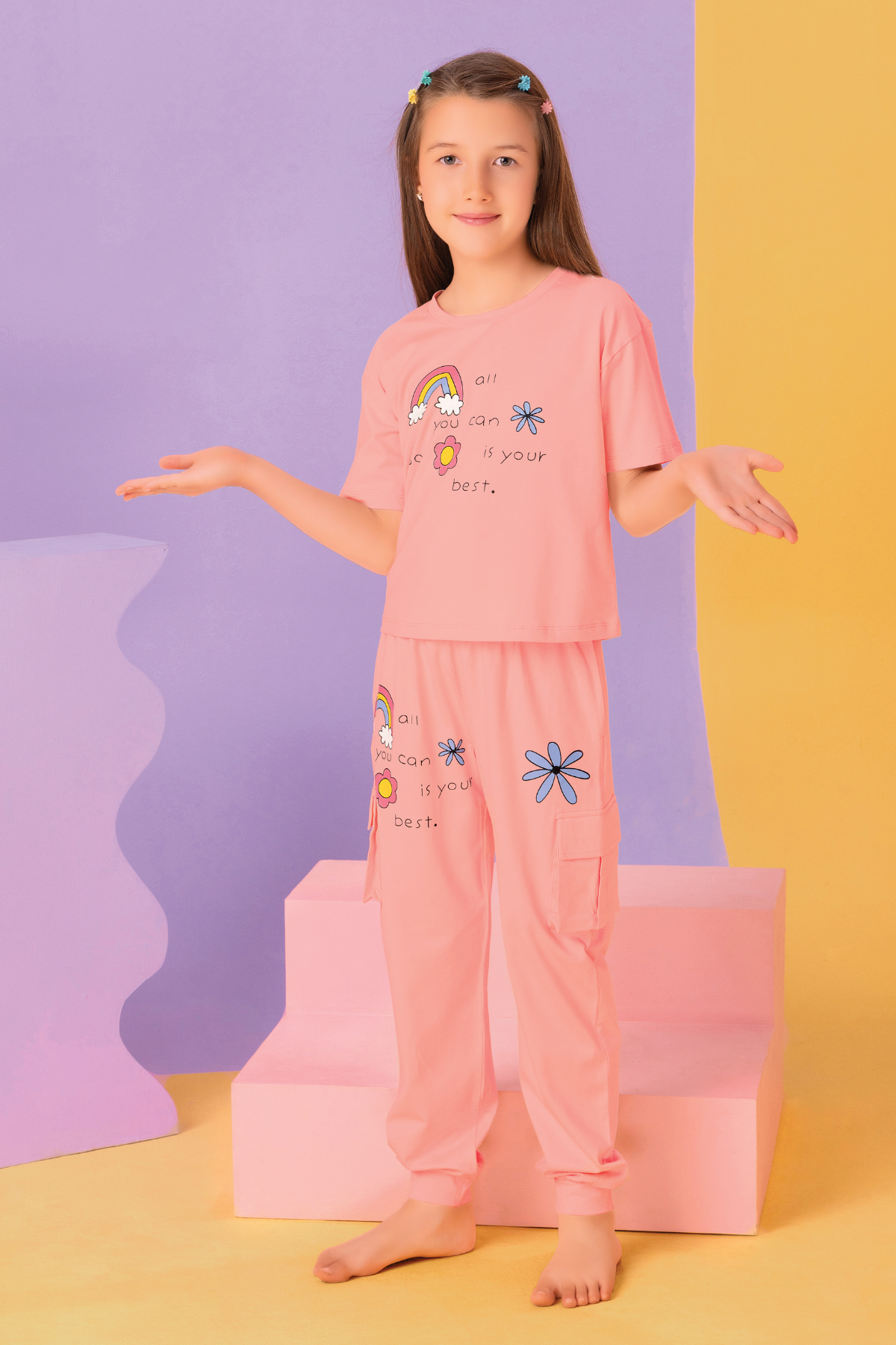 Light Print Top And Cargo Joggers Sets For Girls