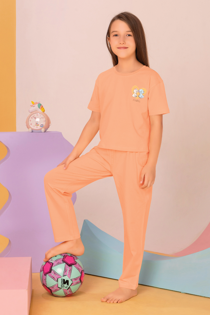 Pretty Kitty Peach Top Pajama Set For Girls