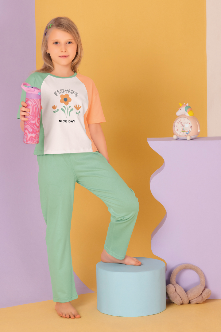 Pastel Petals Color Blocked Top Pajama Sets For Girls
