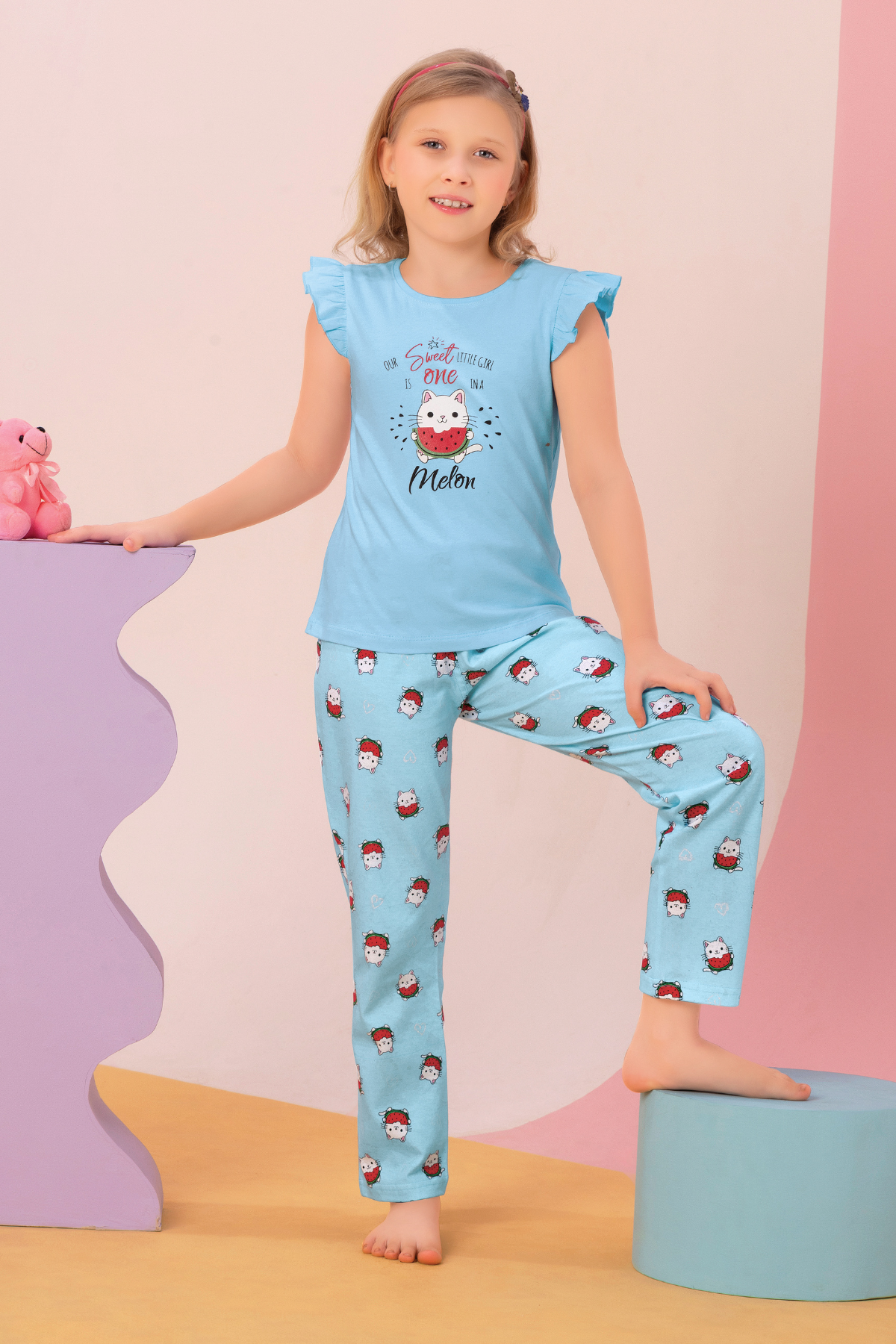 Kitty Watermelon Treat Top Pajama Set For Girls